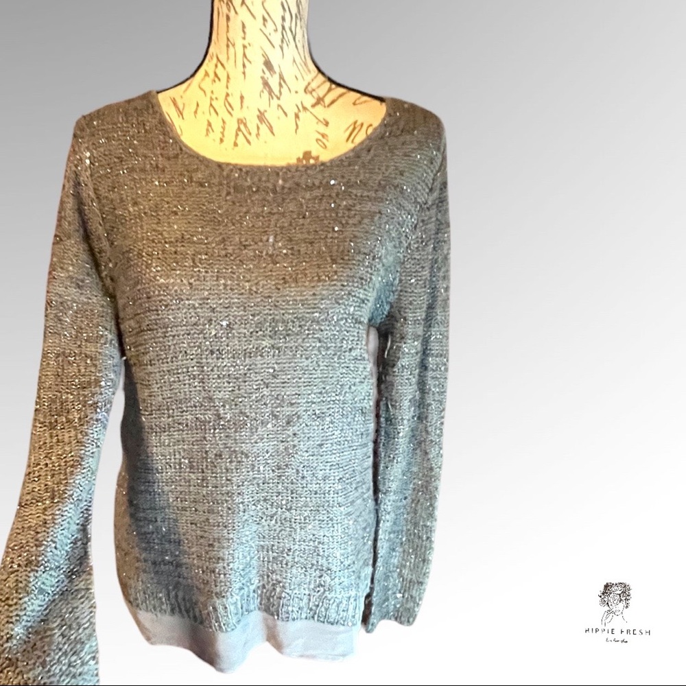 Marled Reunited Charcoal Gray Sparkling Sweater with Chiffon Hem Size M